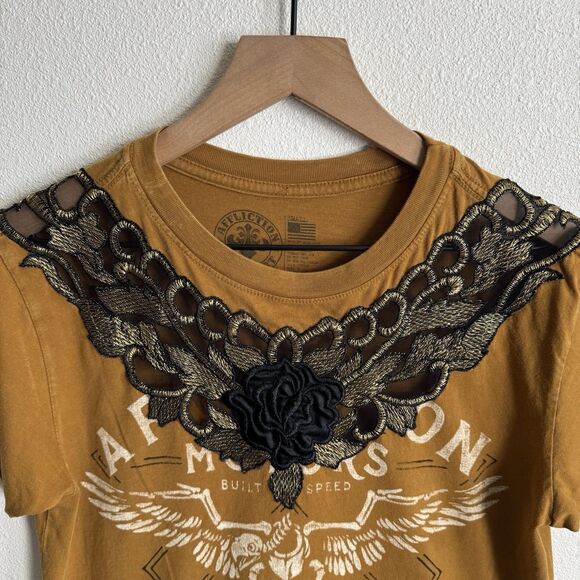 Affliction Top Womens Small Yellow Rose Lace Graphic Grunge Affliction Motors - Picture 5 of 16